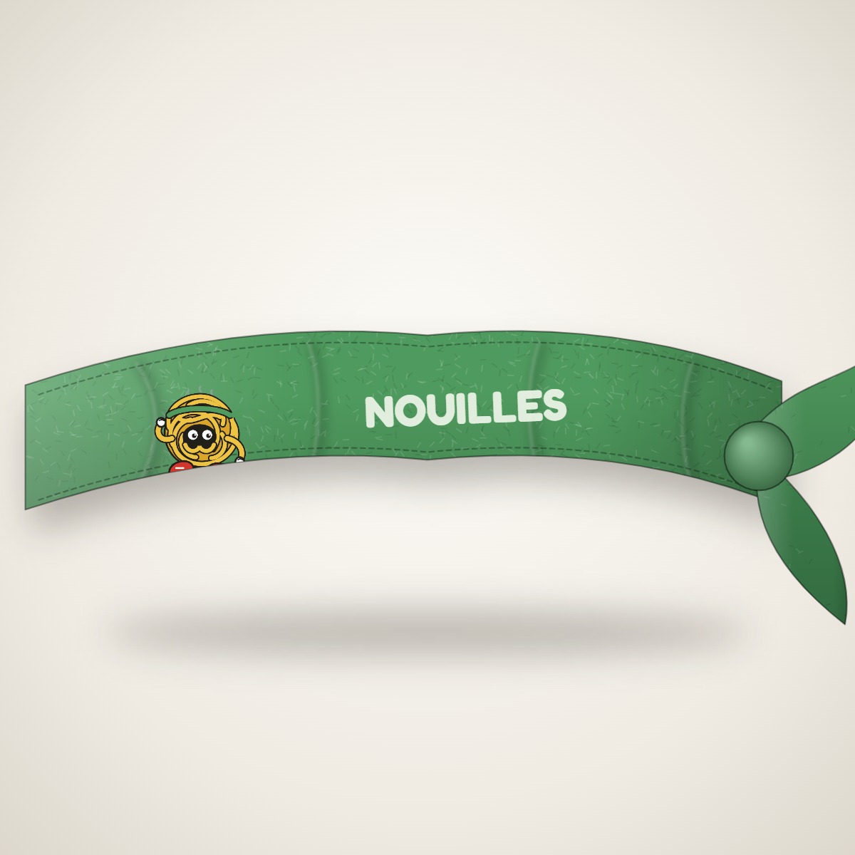 Bandeau vert ciboulette noué, marqué NOUILLES, avec Nouille