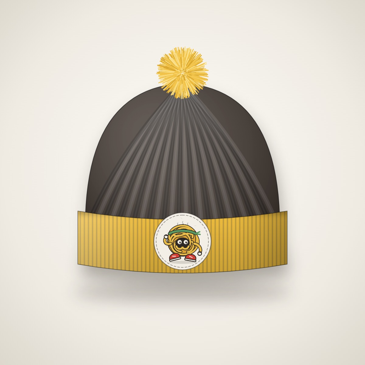 Bonnet en maille foncée, revers jaune, pompon et écusson Nouille